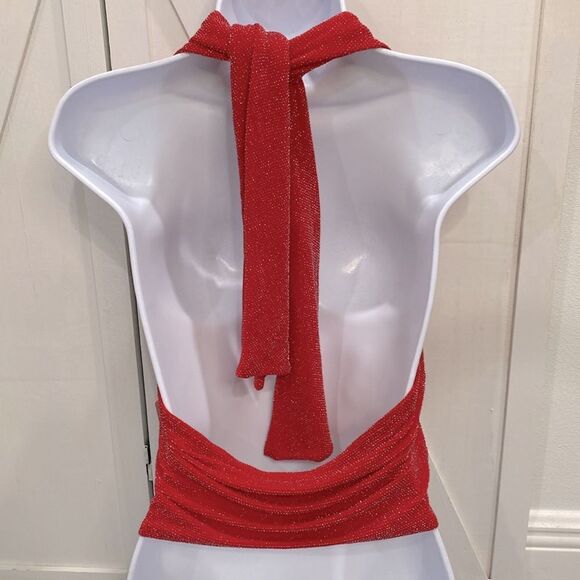Bar lll Holiday Party Cherry On Top Red With Metallic Silver Stitch Halter Top - Picture 4 of 14